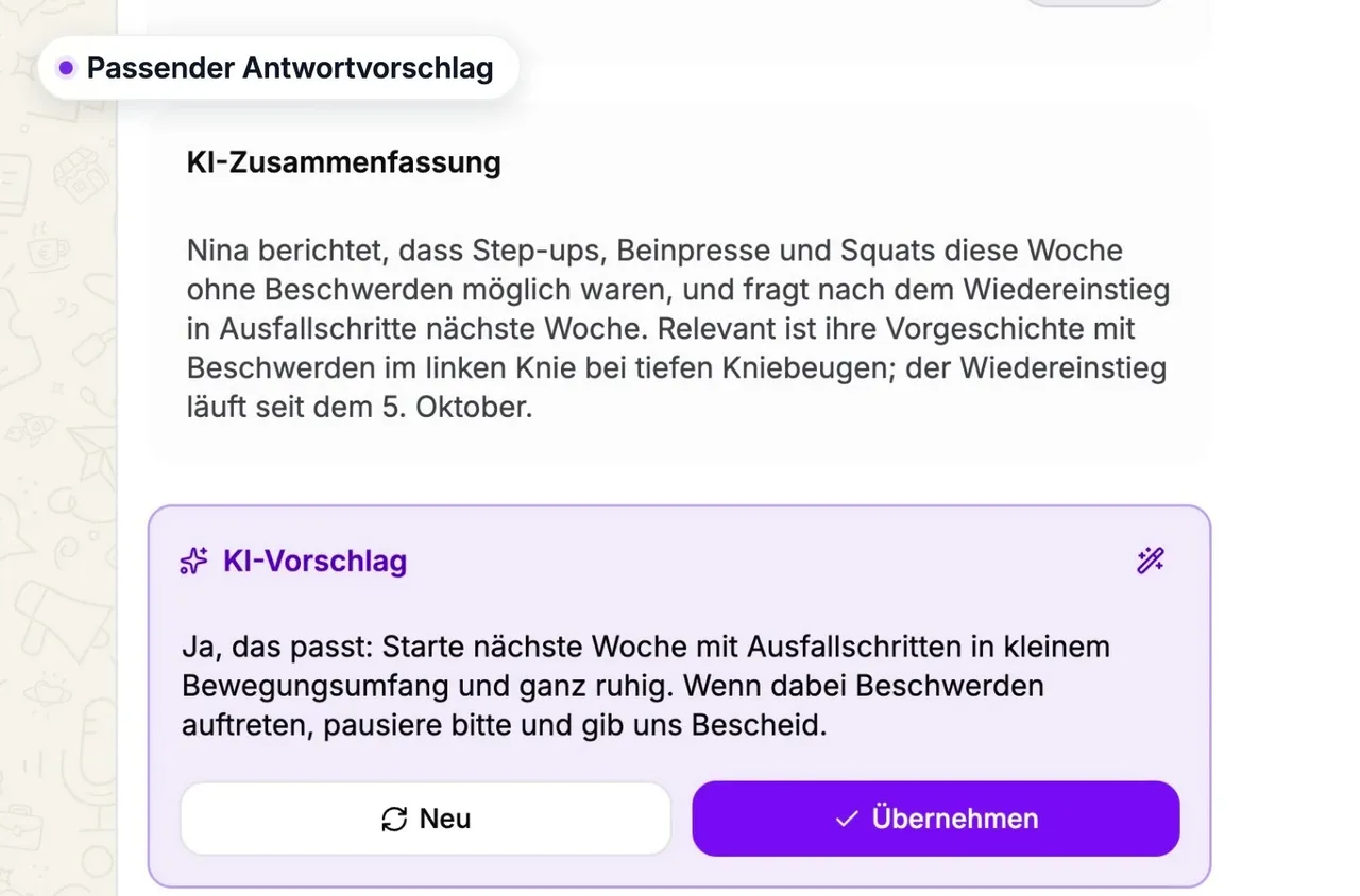 Eine Kundenfrage aus der WhatsApp-Gruppe wird zum Ticket mit KI-Zusammenfassung und fertigem Antwortvorschlag
