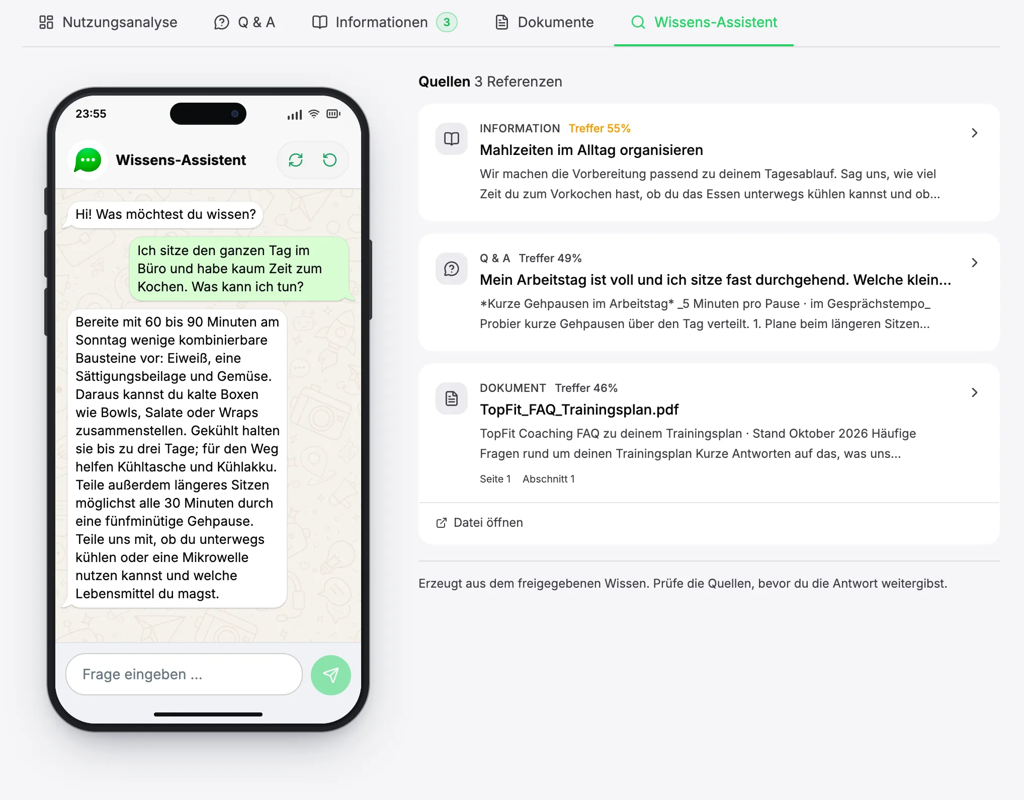 Wissens-Assistent: Auf die Frage, was man bei wenig Zeit zum Kochen tun kann, antwortet er und nennt daneben drei Quellen: eine Information, eine Q&A-Antwort und ein PDF-Dokument