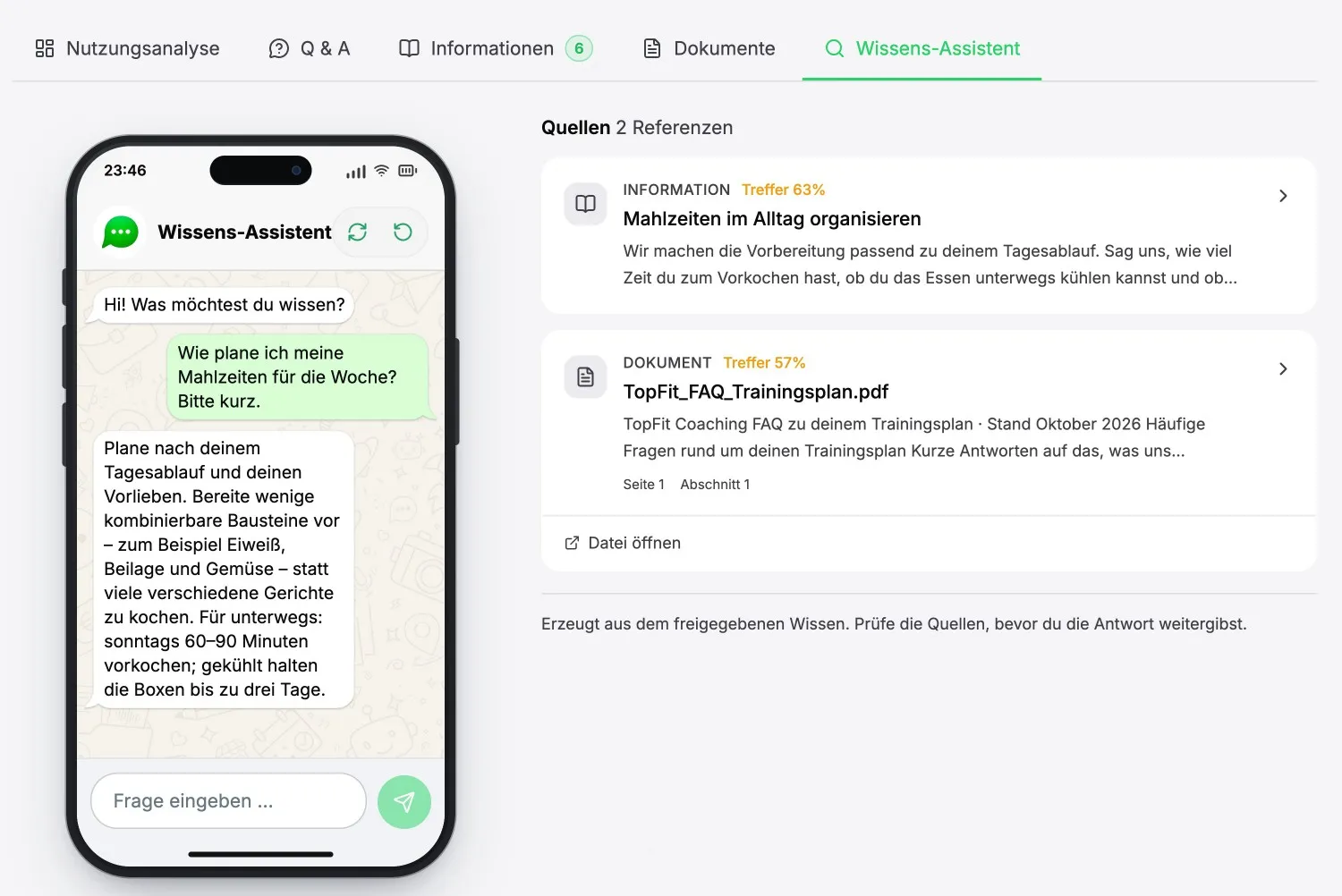 Wissensdatenbank von ChatSuite: der Wissens-Assistent beantwortet eine Frage und nennt die Quellen