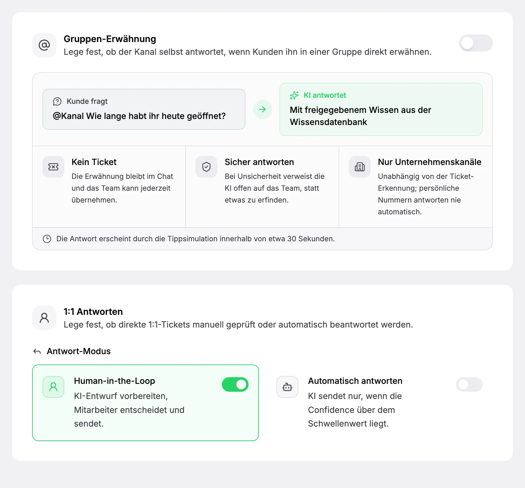Einstellungen Antworten und KI: die Antwort bei Erwähnung des Kanals in einer Gruppe, darunter der Antwort-Modus für 1:1-Chats mit Human-in-the-Loop und Automatisch antworten