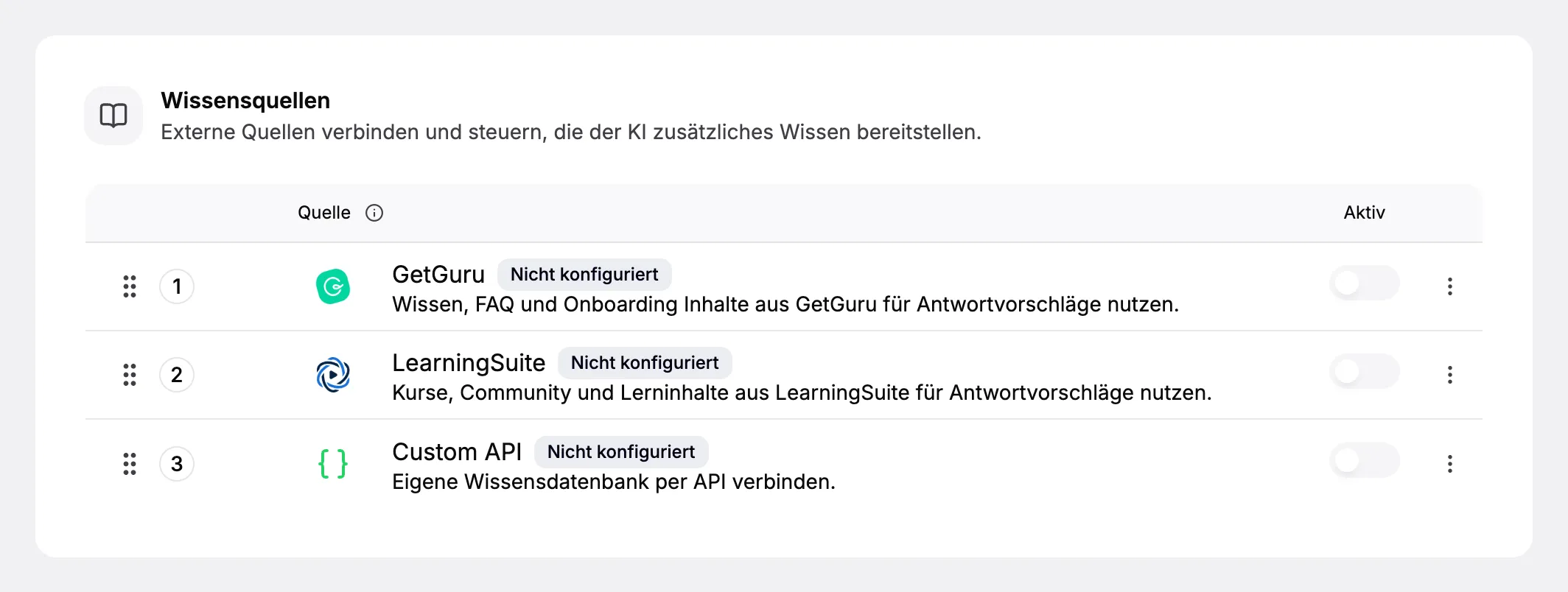 Wissensquellen in den Einstellungen: GetGuru, LearningSuite und eine eigene Datenbank per API lassen sich verbinden und einzeln ein- und ausschalten